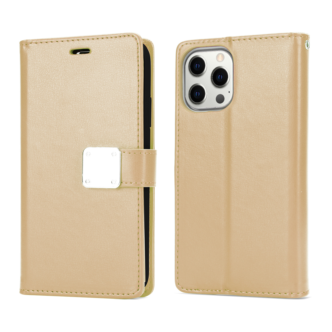 Multi Pockets Folio Flip LEATHER WALLET Case for iPhone 14 Pro [6.1] (Gold)