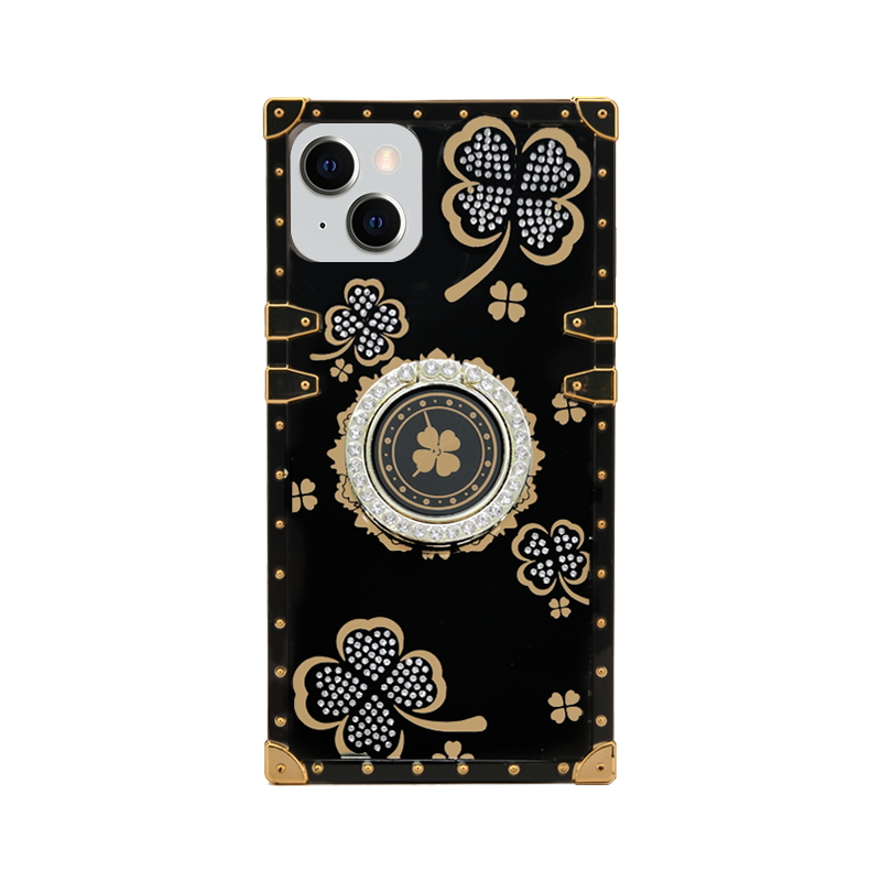 Lucky Clover Diamond RING Stand Case for iPhone 14 Max Plus [6.7] (Black)