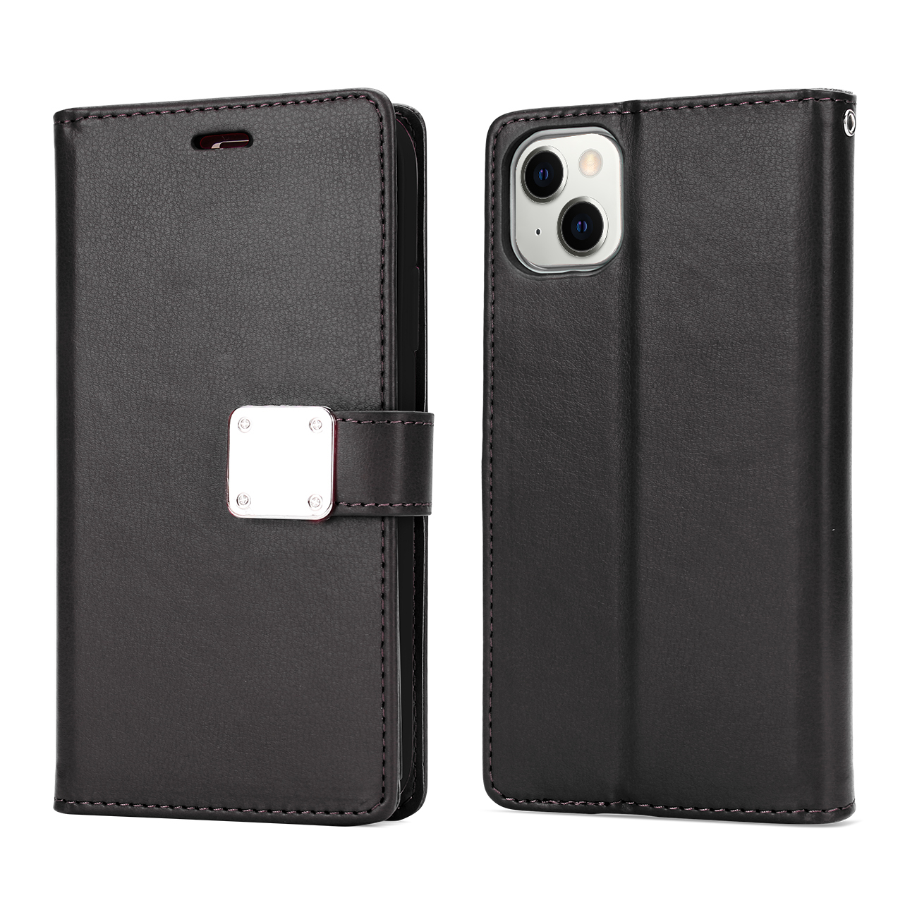 Multi Pockets Flip Leather WALLET Case for iPhone 14 Max Plus [6.7] (Black)