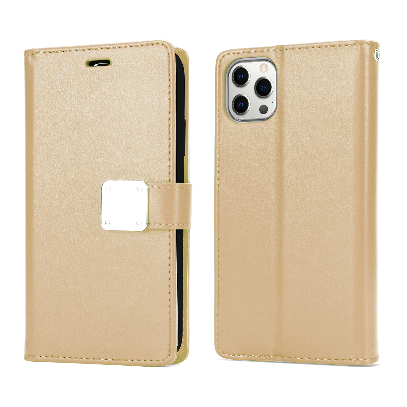 Multi Pockets Flip LEATHER WALLET Case for iPhone 14 Pro Max [6.7] (Gold)