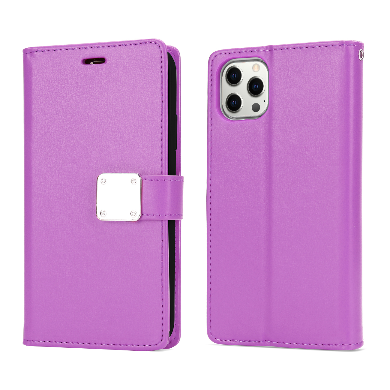 Multi Pockets Flip LEATHER WALLET Case for iPhone 14 Pro Max [6.7] (Purple)