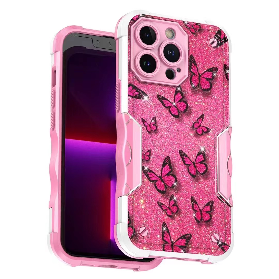 Heavy Duty Strong Armor Hybrid Case for iPHONE 14 Pro (Butterfly HotPink)