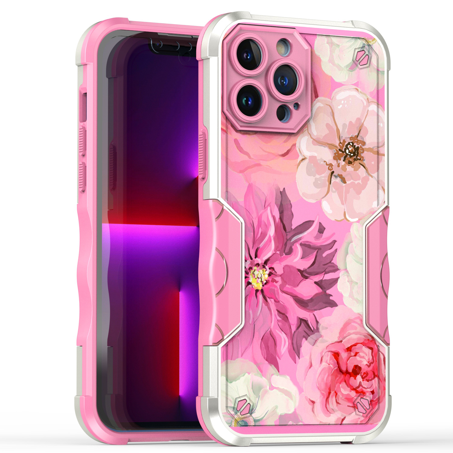Heavy Duty Strong Armor Hybrid Case for iPhone 14 Pro (FLOWER HotPink)