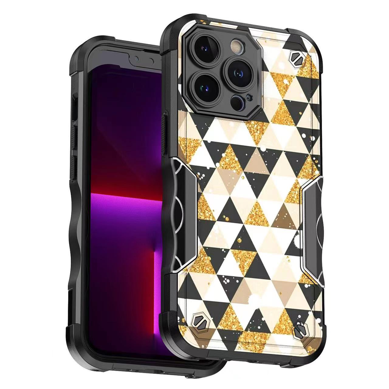 Heavy Duty Strong Armor Hybrid Case for iPhone 14 Pro (Triangle-GOLD)
