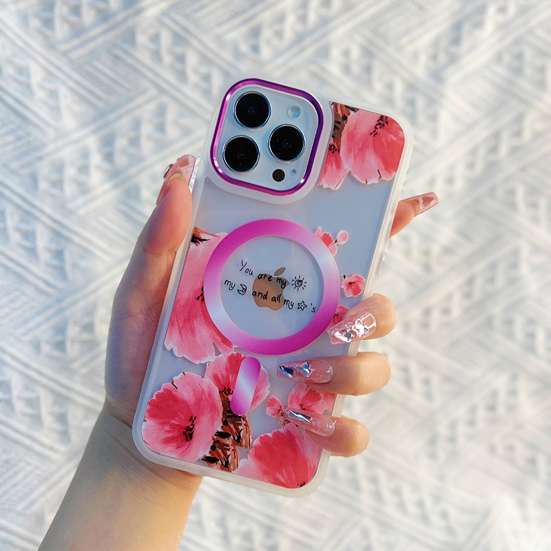 Chrome Button Clear FLOWER Magsafe Armor Case for iPhone 14 (Hot Pink)