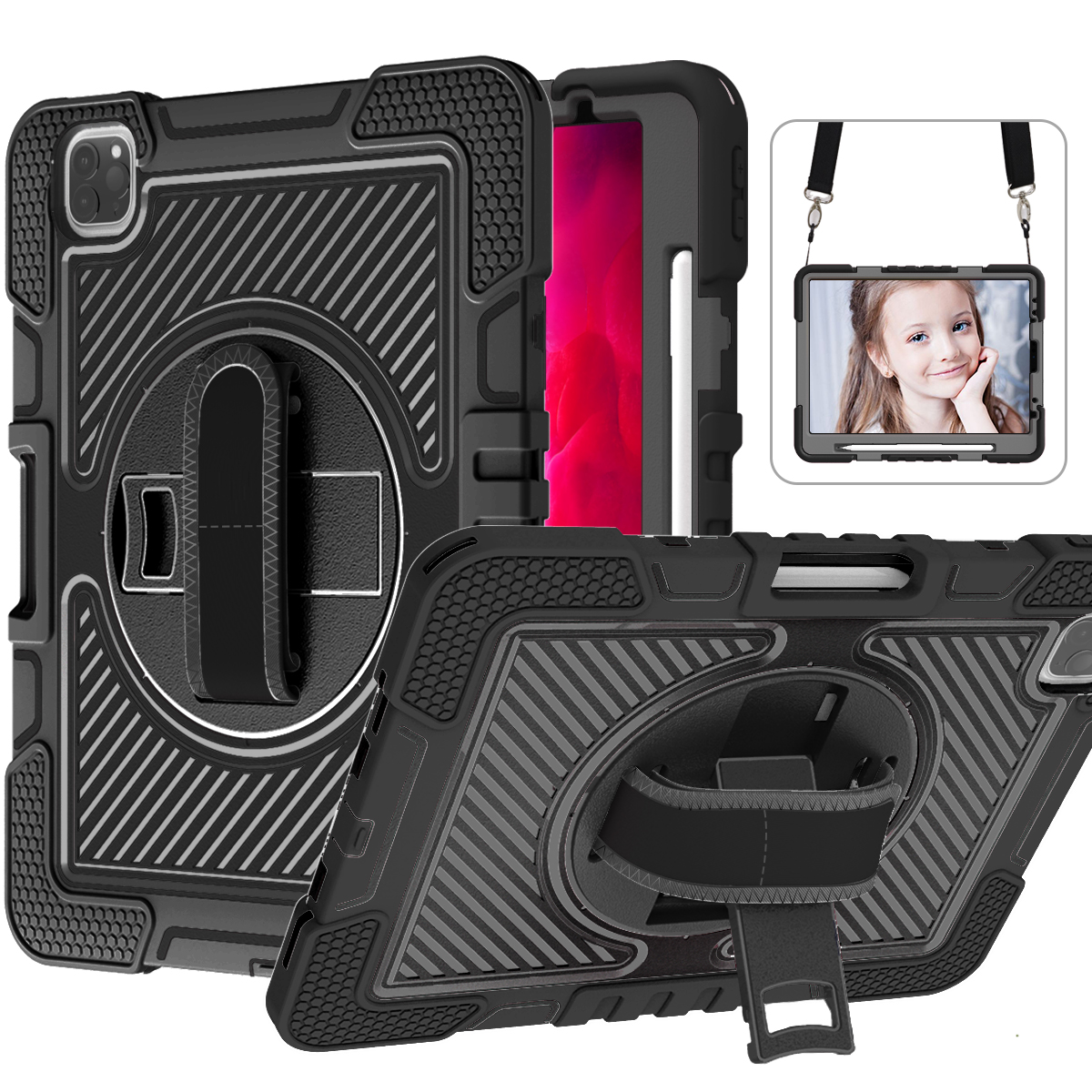 3 Layer Heavy Duty Hybrid Drop Protection Case with 360 Rotating Stand Hand Strap Shoulder