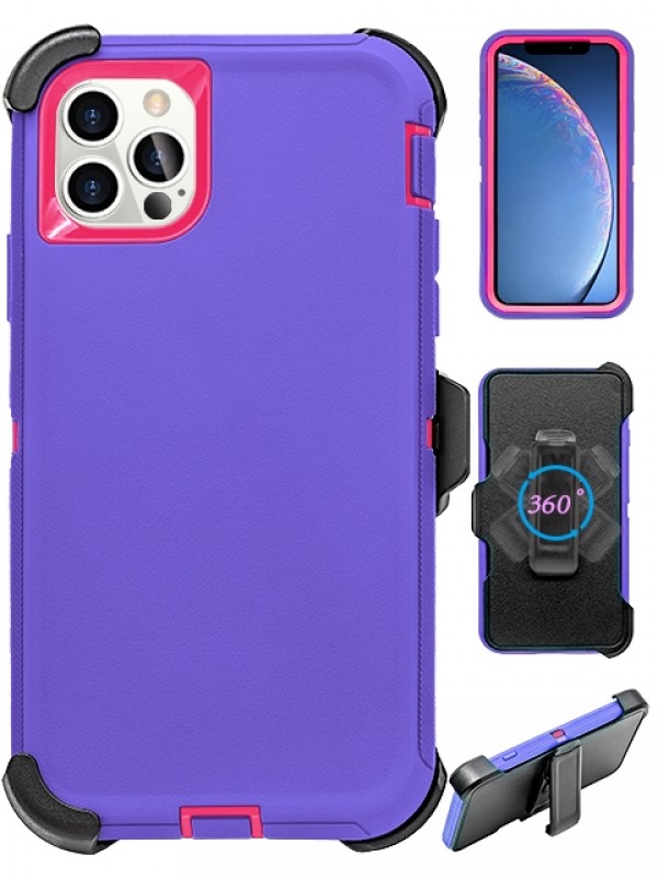 Premium Armor Heavy Duty Case with Clip for iPHONE 12 / 12 Pro 6.1 (Purple Pink)