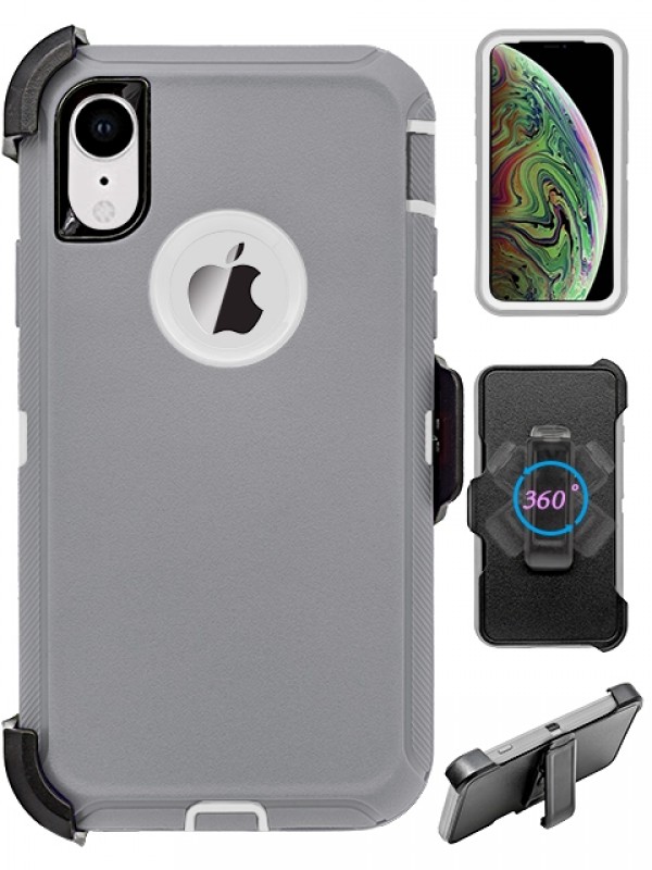 Premium Armor Heavy Duty Case with Clip for iPHONE XR 6.1 (Gray White)