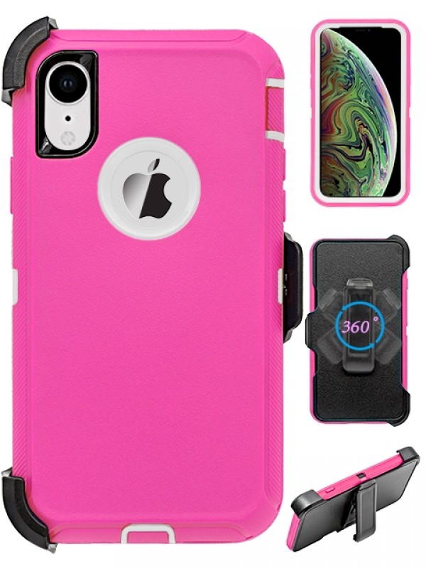 Premium Armor Heavy Duty Case with Clip for iPHONE XR 6.1 (HotPink White)