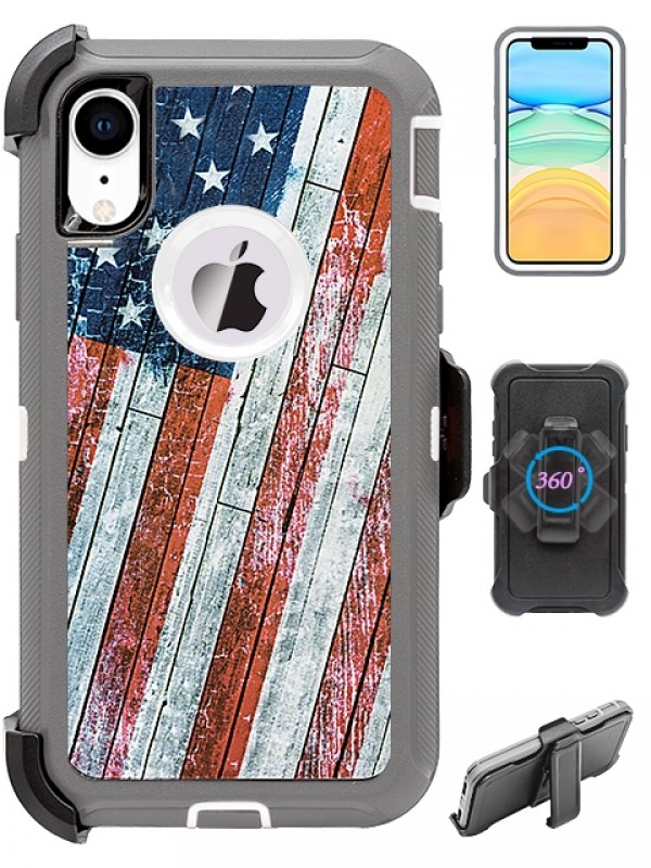 Premium Camo Heavy Duty Case with Clip for iPHONE XR 6.1 (USA-Flag)