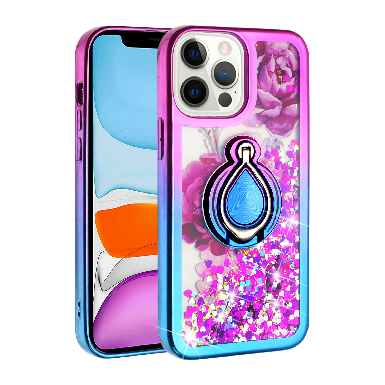 Star Dust Liquid Armor RING Stand Hybrid Case for Apple iPhone 13 Pro [6.1] (Hot Pink / Blue)