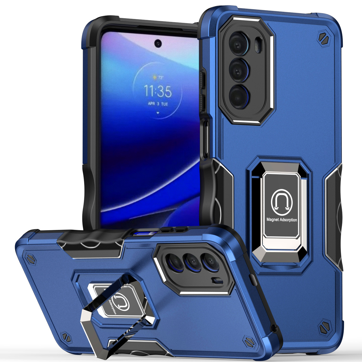 Strong Armor Magnetic Plate RING Stand Case for Motorola Edge Plus 2022 (Blue)