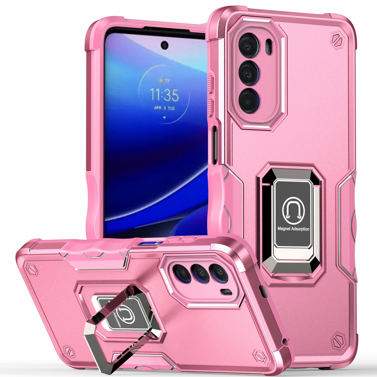 Strong Armor Magnetic Plate RING Stand Case for Motorola Edge Plus 2022 (Pink)