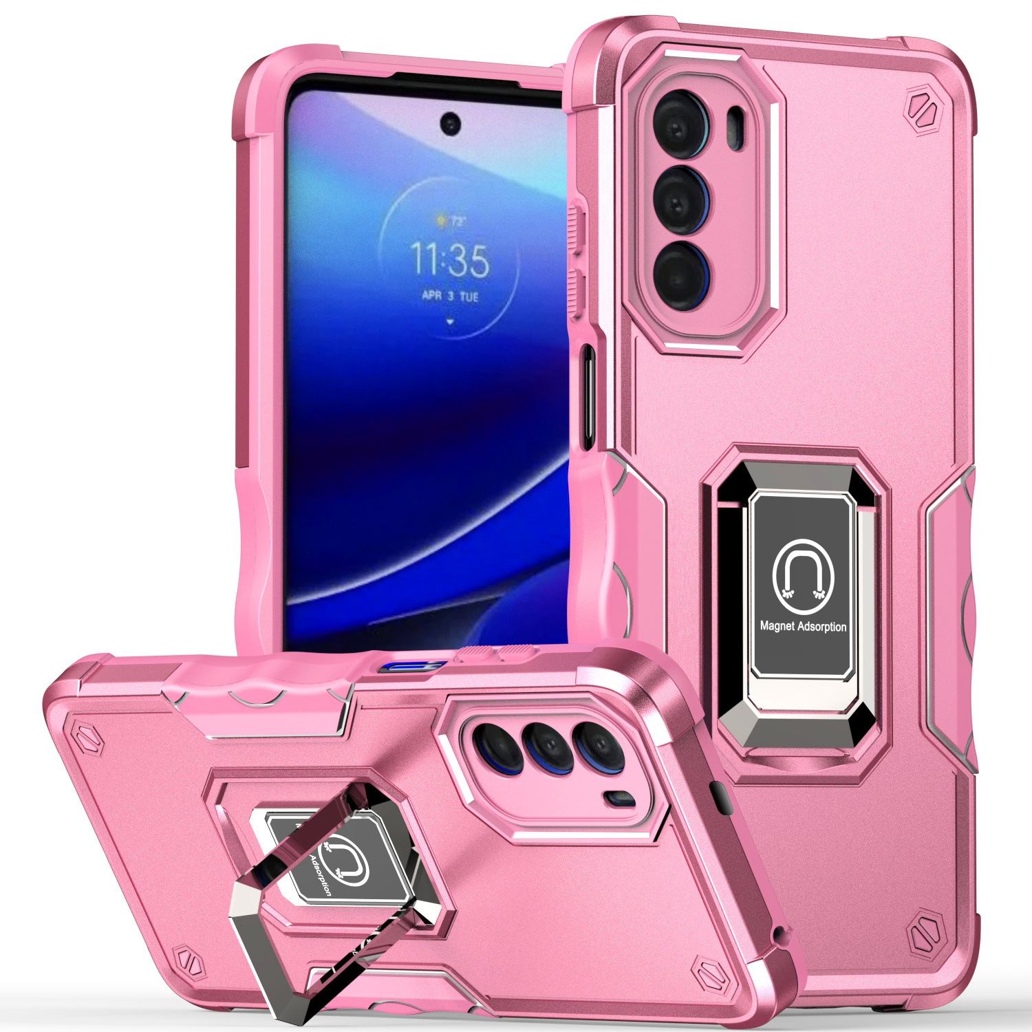 Strong Armor Magnetic Plate Ring Stand Case for Motorola Edge Plus 2022 (Pink)