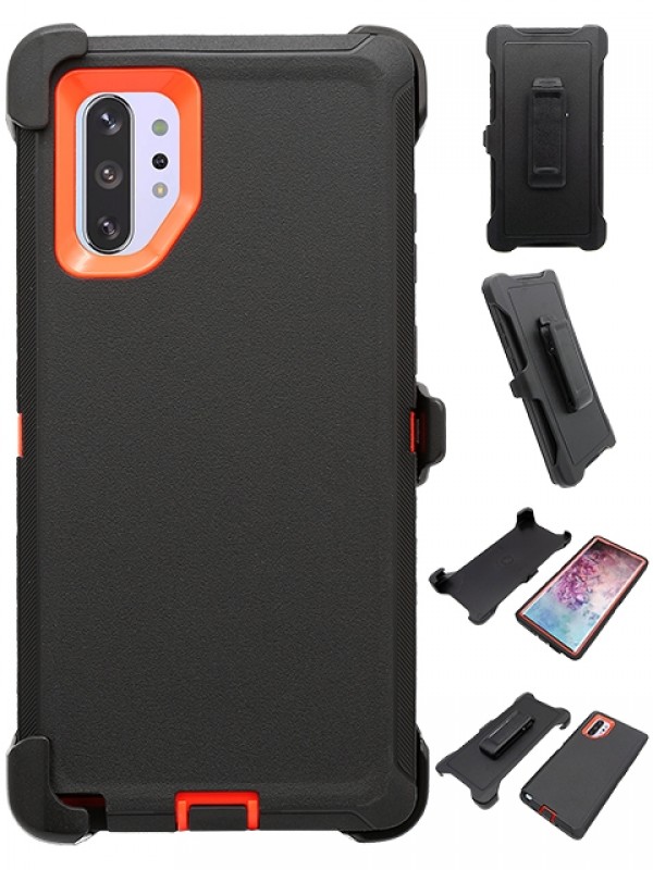 Premium Armor Heavy Duty Case with Clip for Galaxy Note 10+ (Plus) (Black Orange)