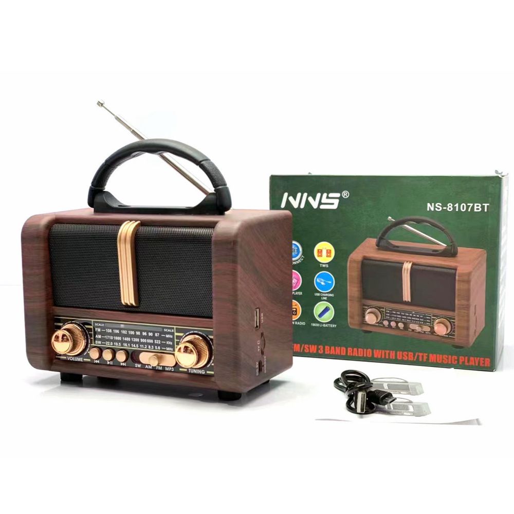 Classic Wooden Style Easy Carry Handle AM FM Radio Portable Bluetooth SPEAKER NS-8107BT for