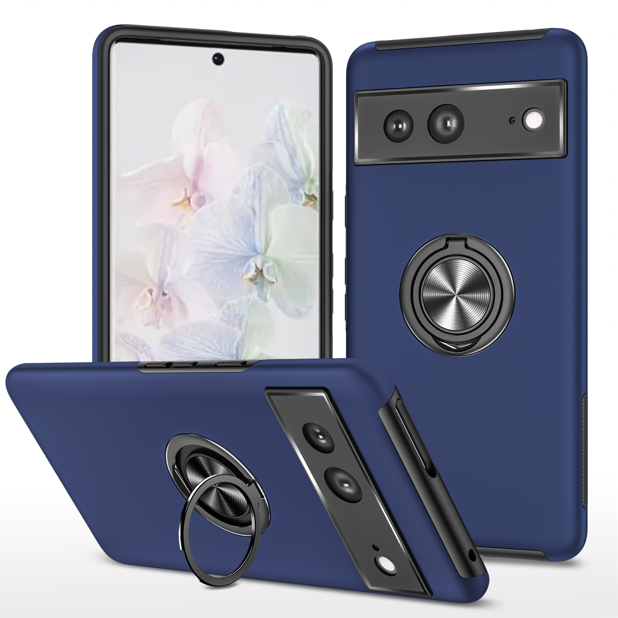 Dual Layer Armor Hybrid Stand RING Case for Google Pixel 7 (Navy Blue)