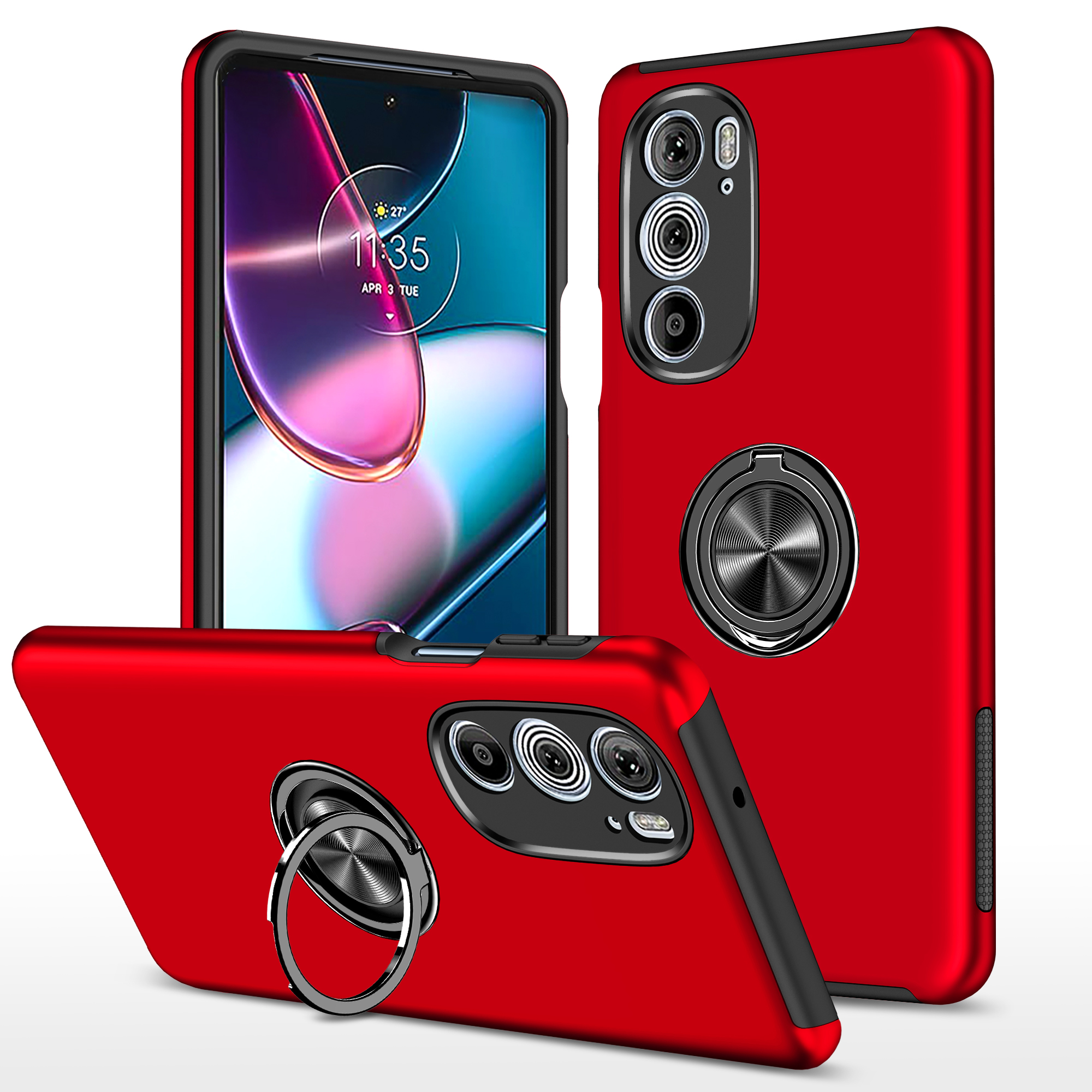 Dual Layer Armor Hybrid Stand RING Case for Motorola Edge Plus 2022 (Red)
