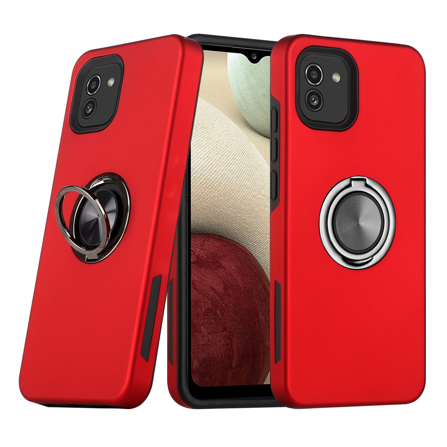 Heavy Duty Strong Armor RING Stand Hybrid Case Cover for Galaxy A03 (Red)