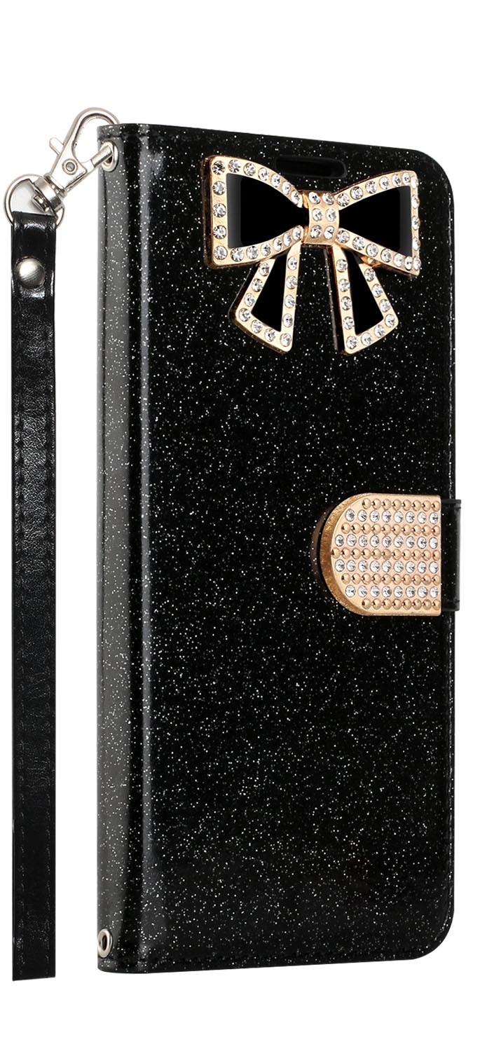 Ribbon Bow Crystal Diamond WALLET Case for Samsung Galaxy Note 10 (Black)