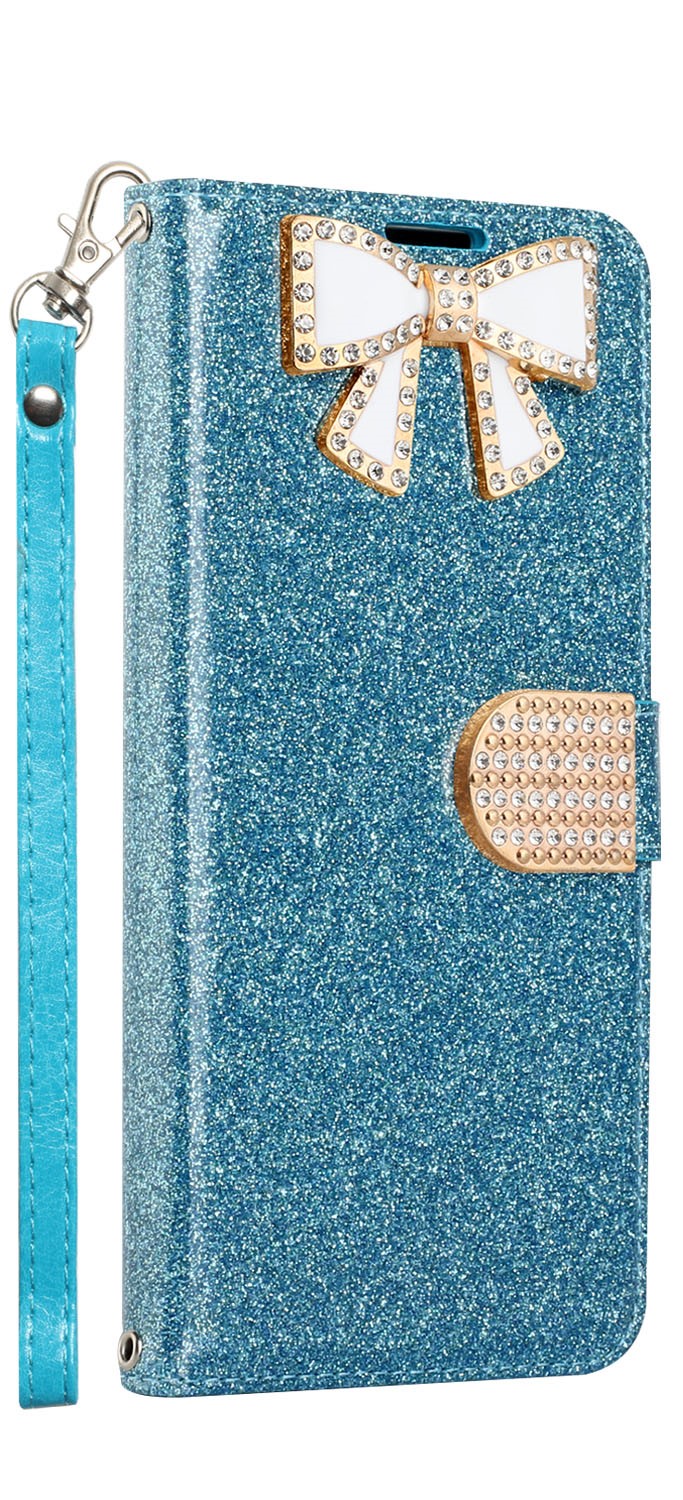 Ribbon Bow Crystal Diamond WALLET Case for Samsung Galaxy Note 10 (Light Blue)