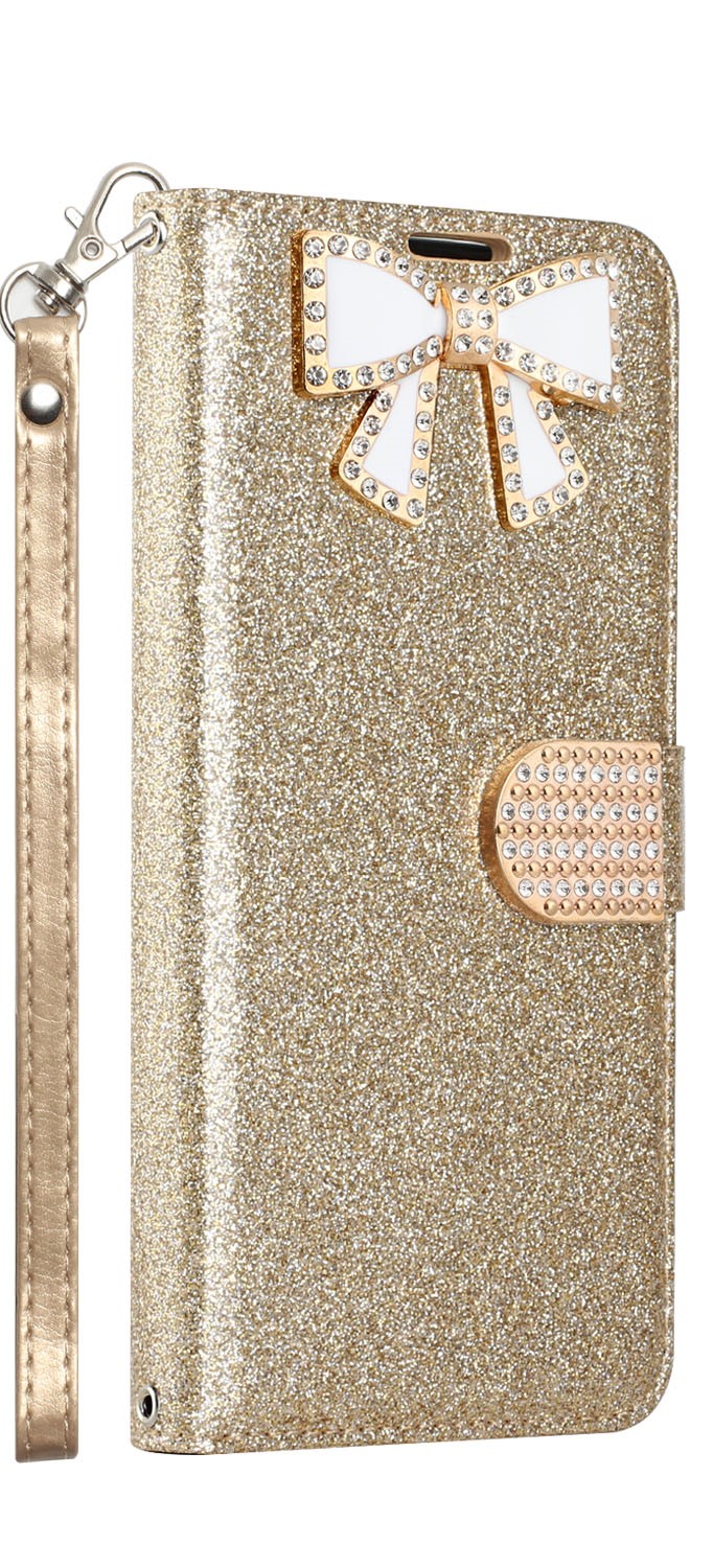 Ribbon Bow Crystal Diamond WALLET Case for Samsung Galaxy Note 10 (Gold)
