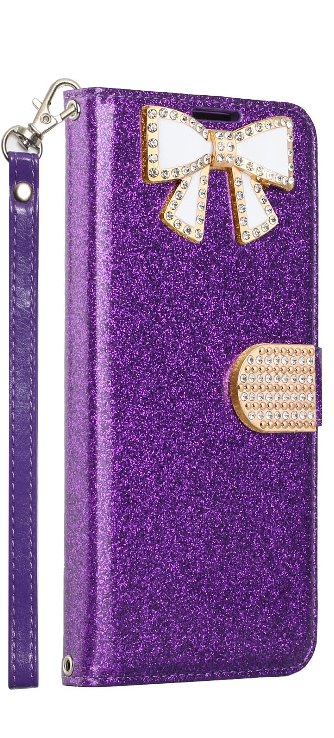 Ribbon Bow Crystal Diamond WALLET Case for Samsung Galaxy Note 10 (Purple)