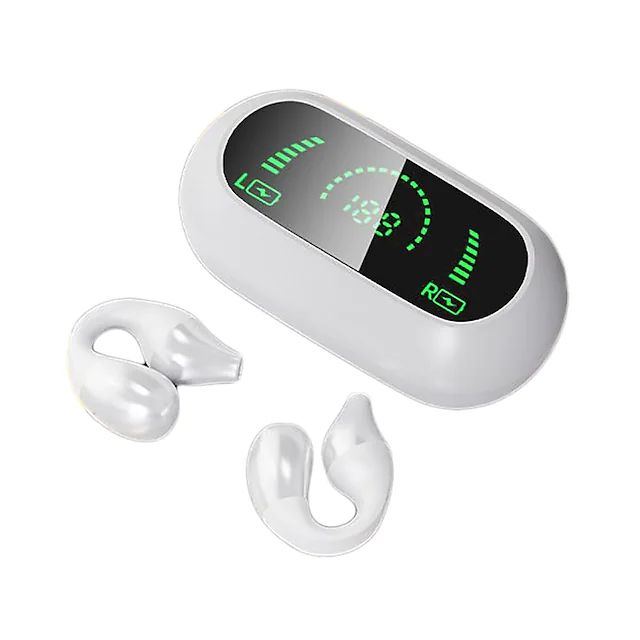 Open Ear Clip On Sports TWS Bluetooth Wireless Stereo HEADPHONES With Battery Display (White)