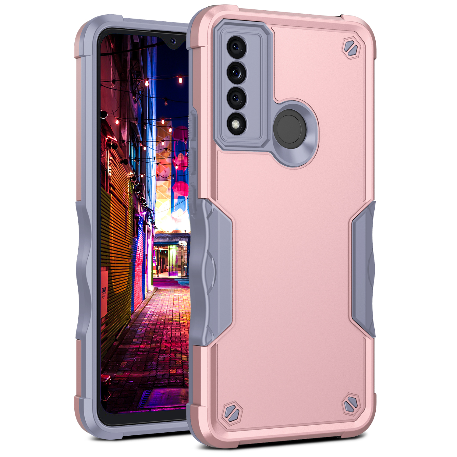 Strong Armor Grip Pattern Heavy Duty Shockproof Protective Cover Case for TCL 20 XE (Rose Gold)