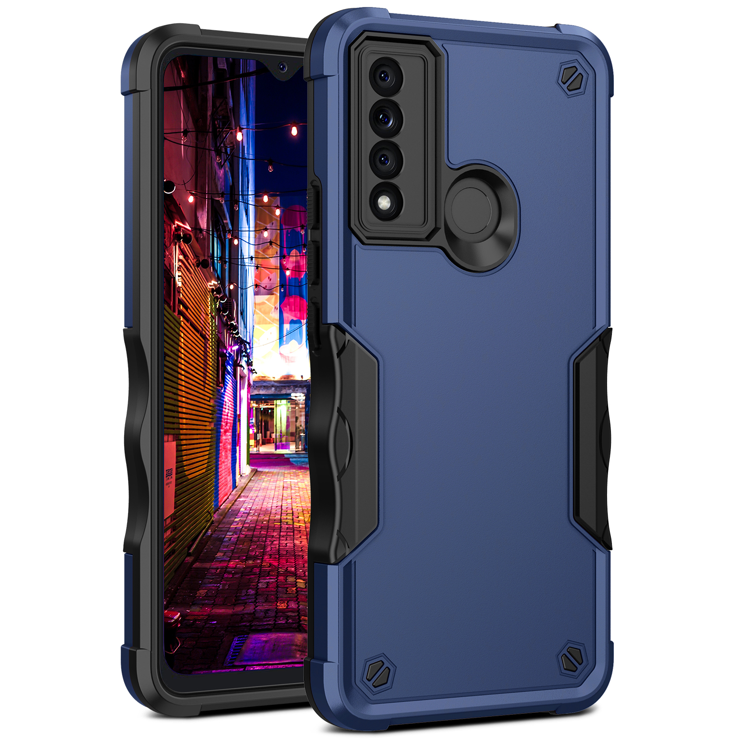 Strong Armor Grip Pattern Heavy Duty Shockproof Protective Cover Case for TCL 20 XE (Navy Blue)