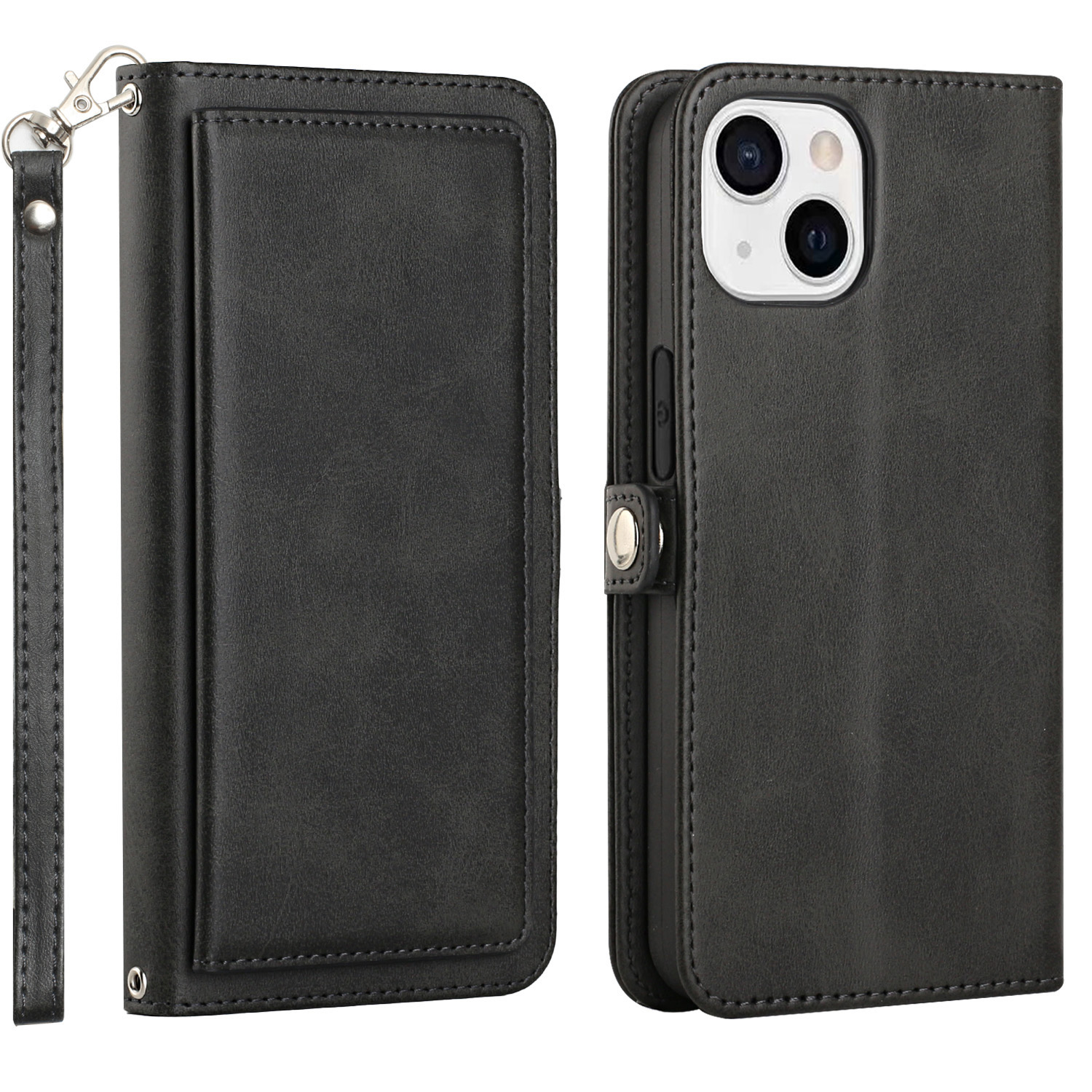 Premium PU LEATHER WALLET Case with Card Slots for iPhone 14 [6.1] (Black)