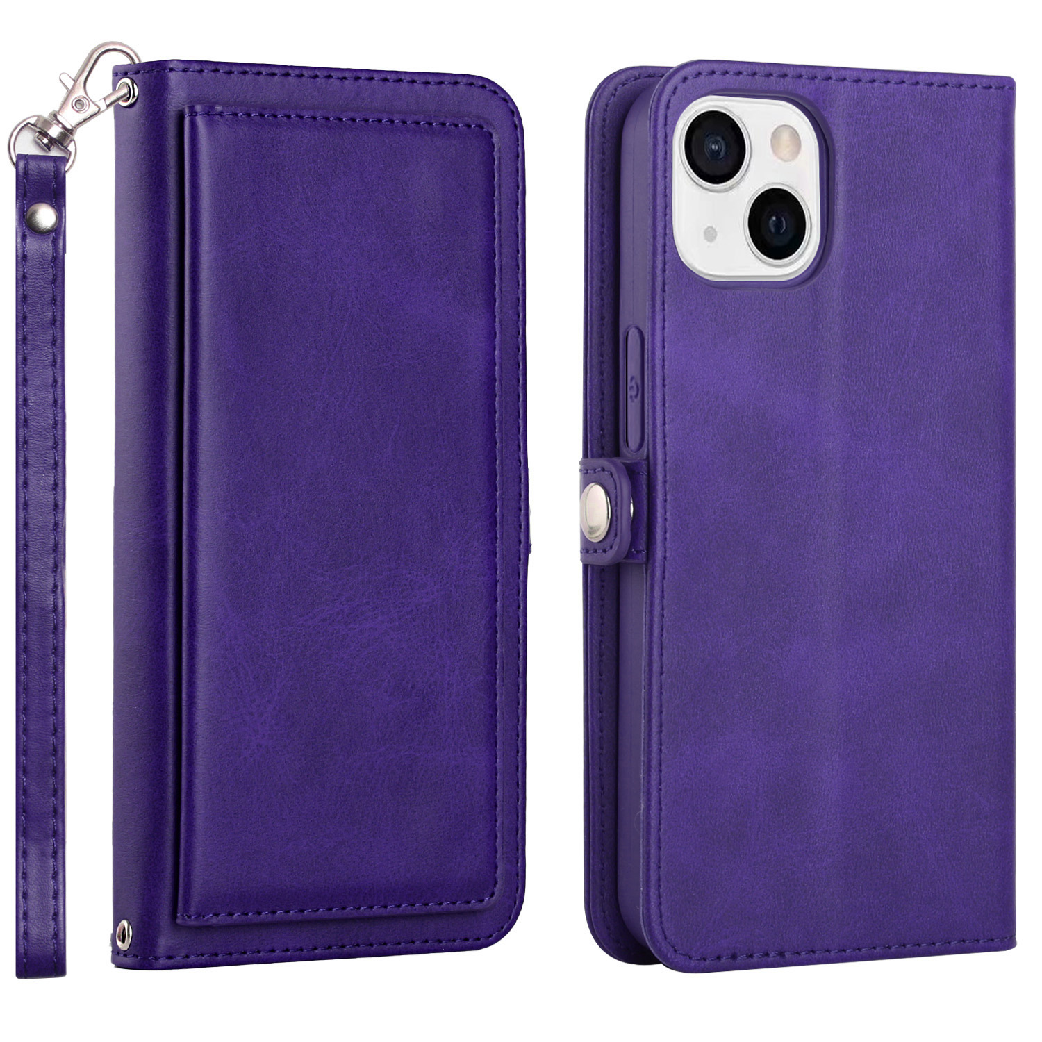 Premium PU Leather WALLET Case with Card Slots for iPhone 14 Plus [6.7] (Purple)