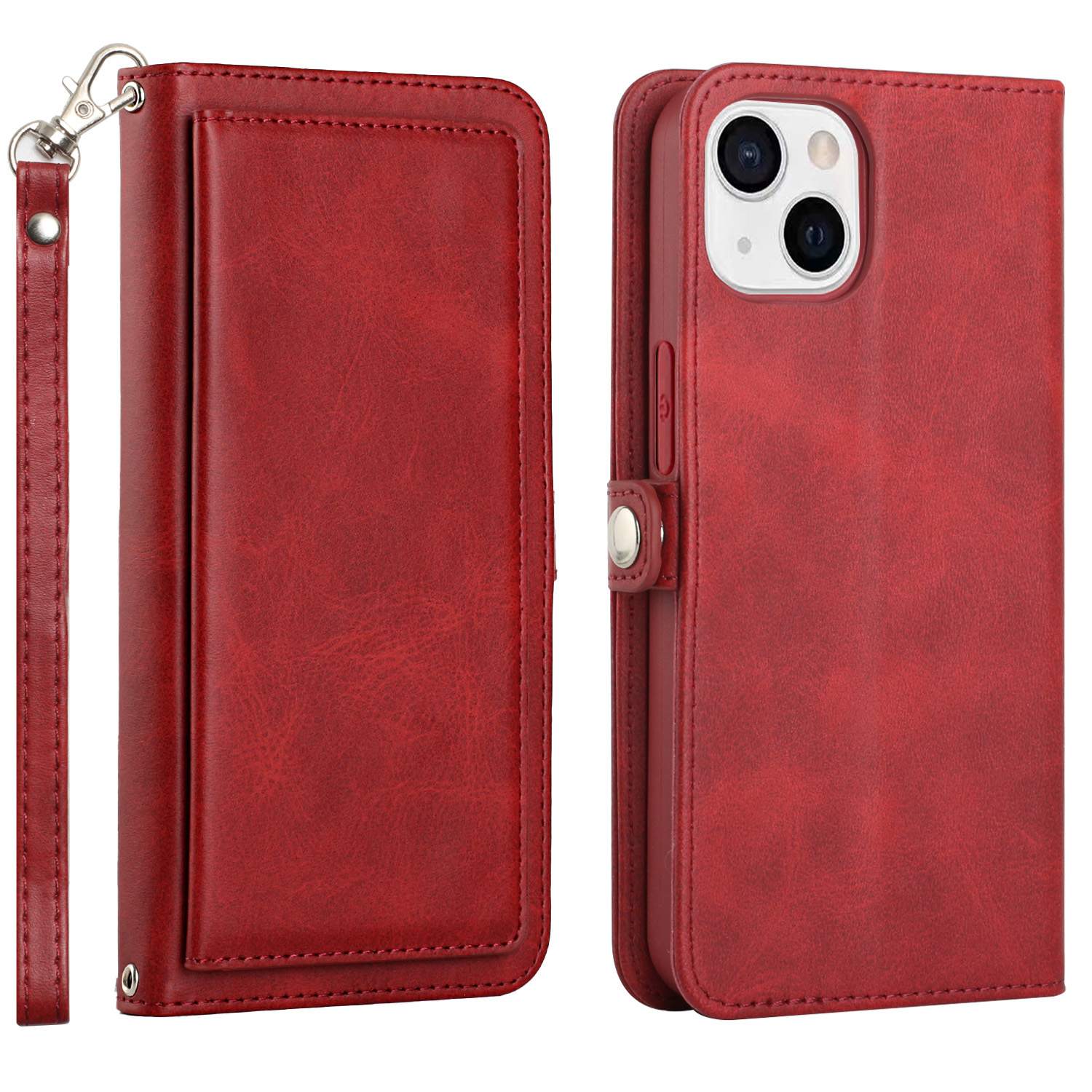 Premium PU Leather WALLET Case with Card Slots for iPhone 14 Plus [6.7] (Red)
