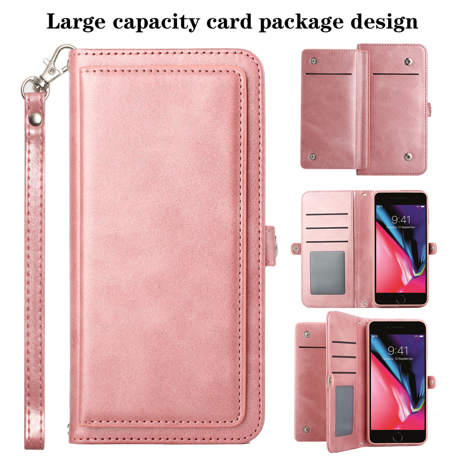 Premium PU Leather Folio Wallet Front Cover Case with Card Holder Slots and Wrist Strap for Apple