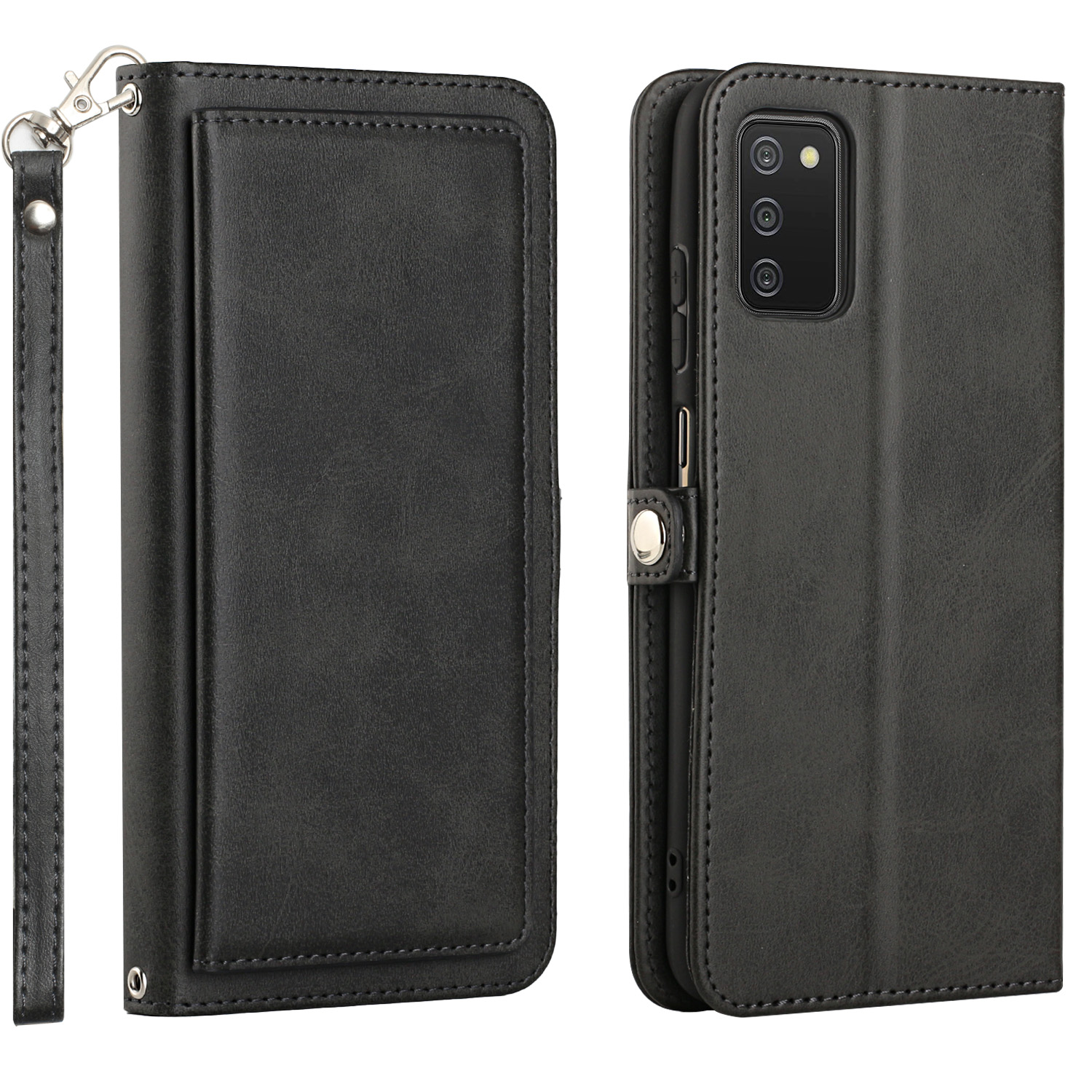 Premium PU Leather Folio WALLET Front Cover Case for Galaxy A02s (Black)