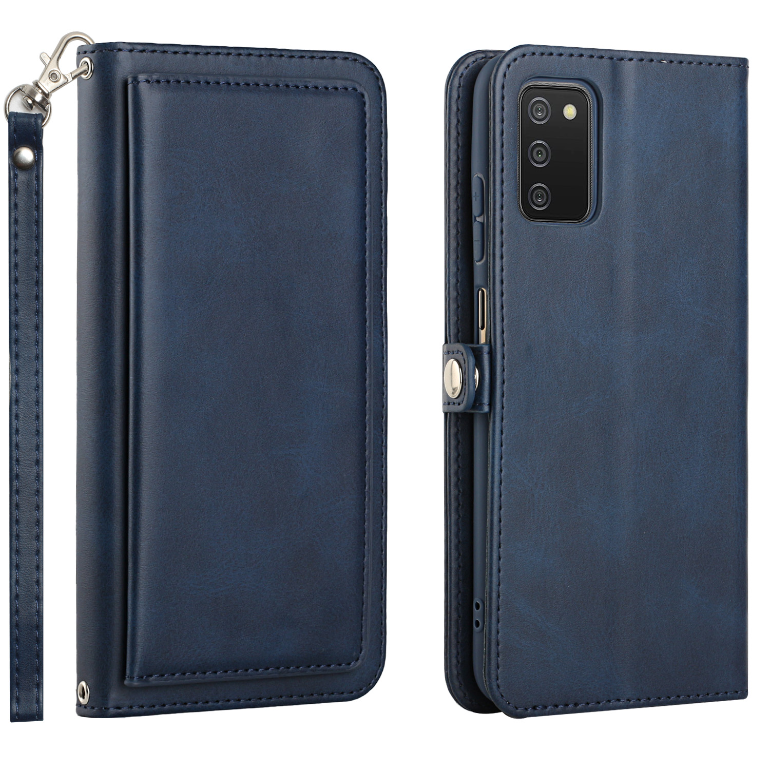 Premium PU Leather Folio WALLET Front Cover Case for Galaxy A02s (Blue)
