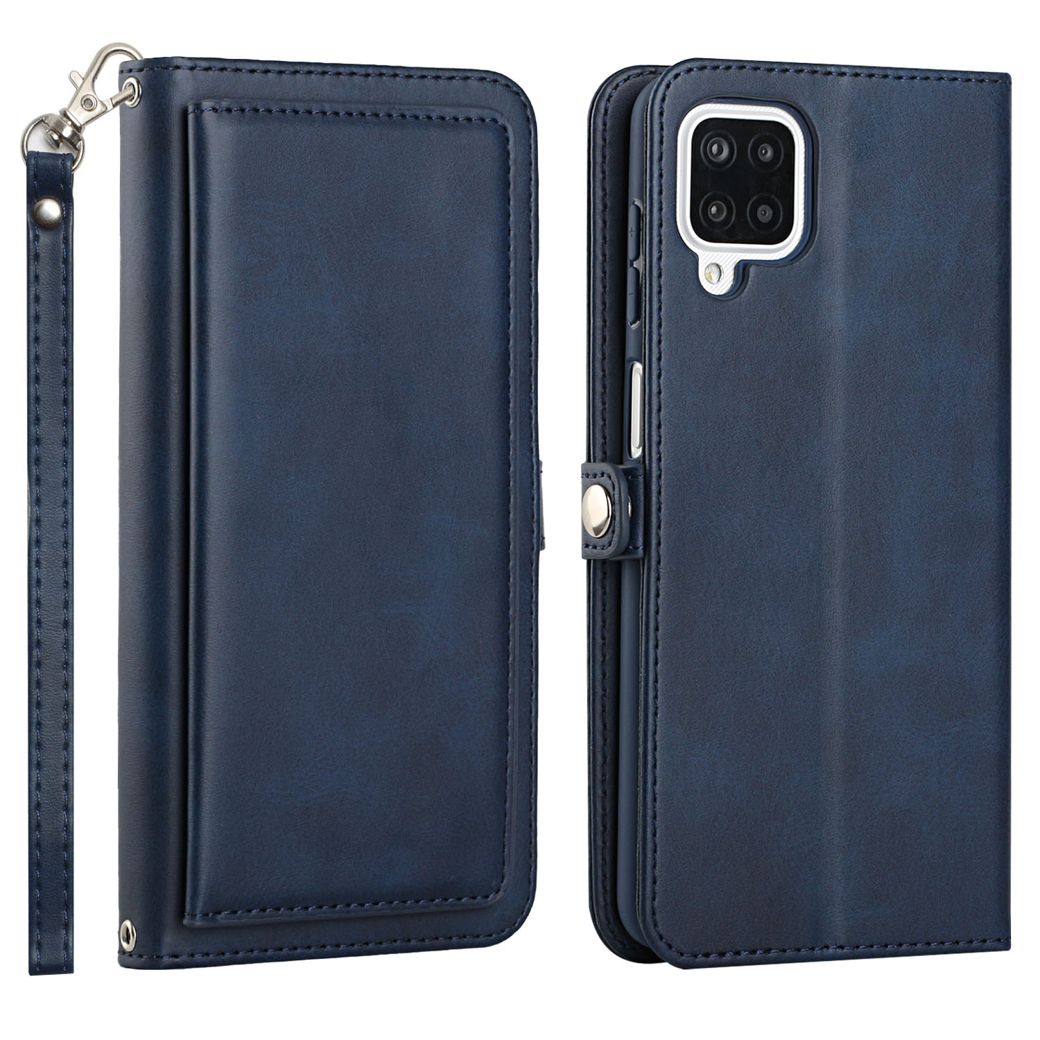 Premium PU Leather Folio WALLET Front Cover Case for Galaxy A12 (Blue)