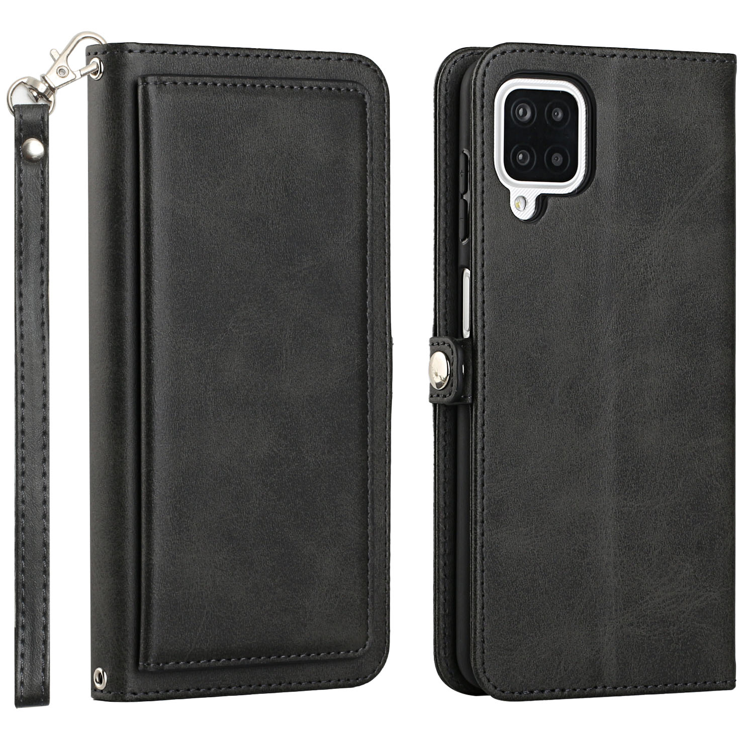 Premium PU Leather Folio WALLET Front Cover Case for Galaxy A12 (Black)