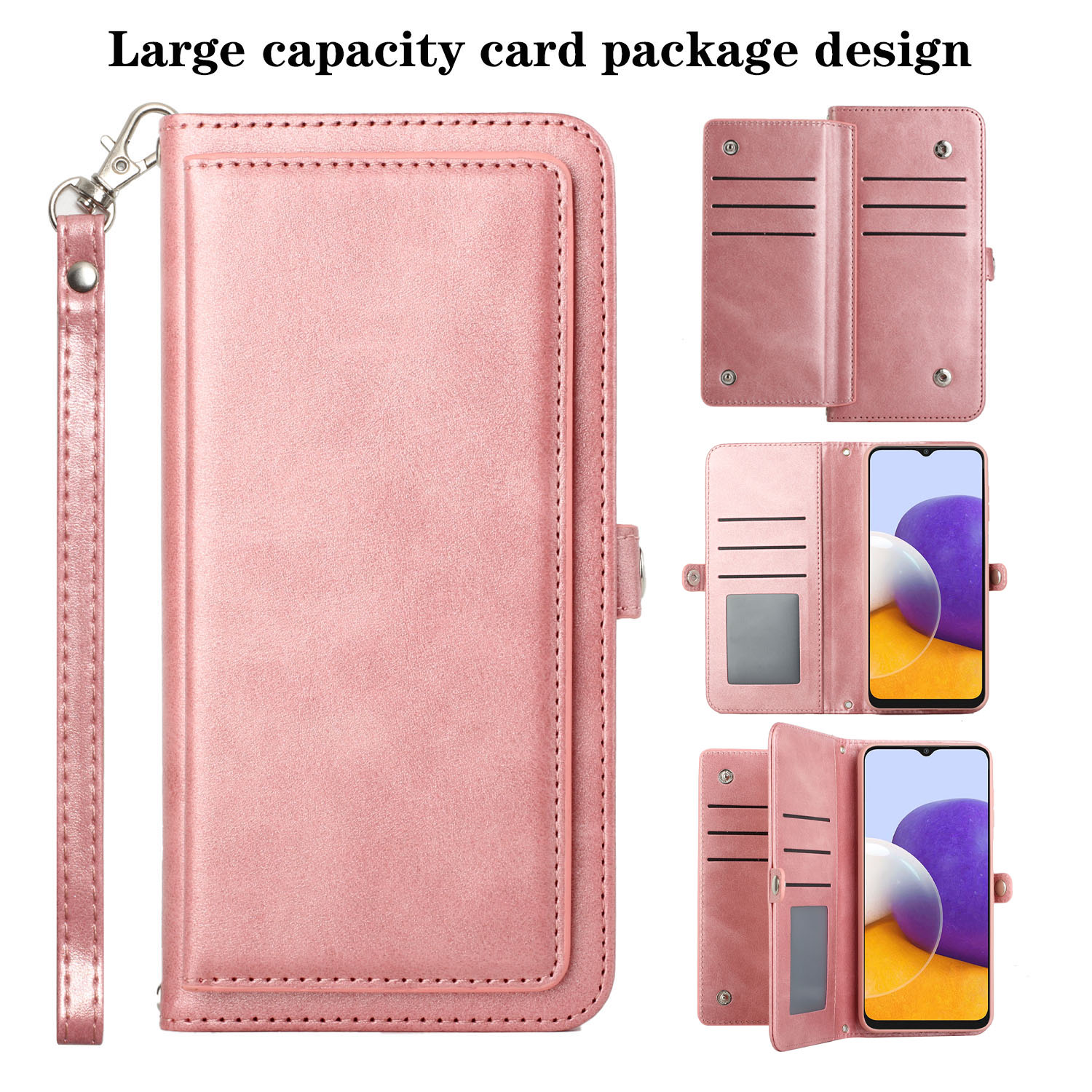 Premium PU Leather Folio WALLET Front Cover Case for Galaxy A22 5G (Rose Gold)