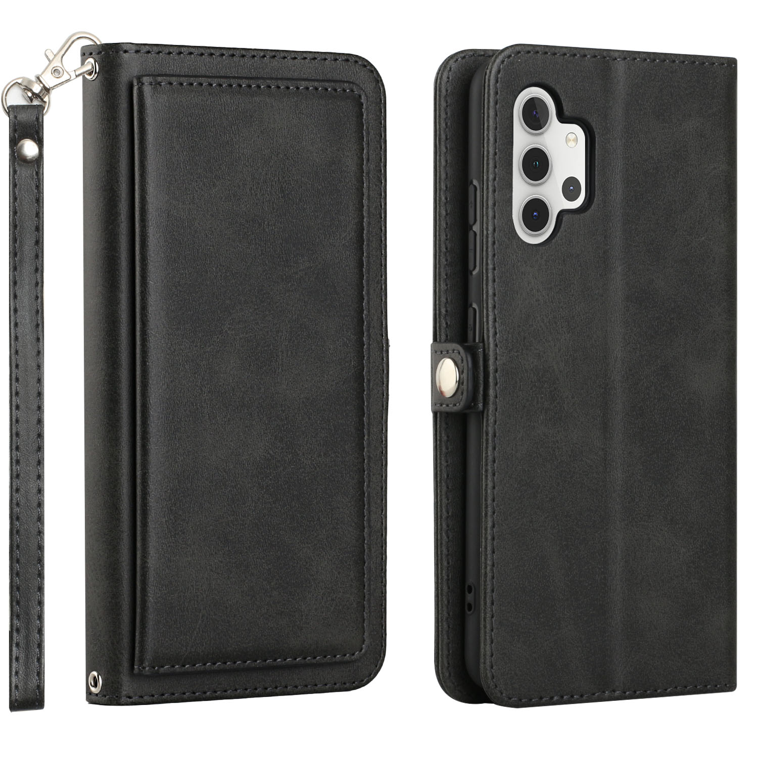 Premium PU Leather Folio WALLET Front Cover Case for Galaxy A32 4G (Black)
