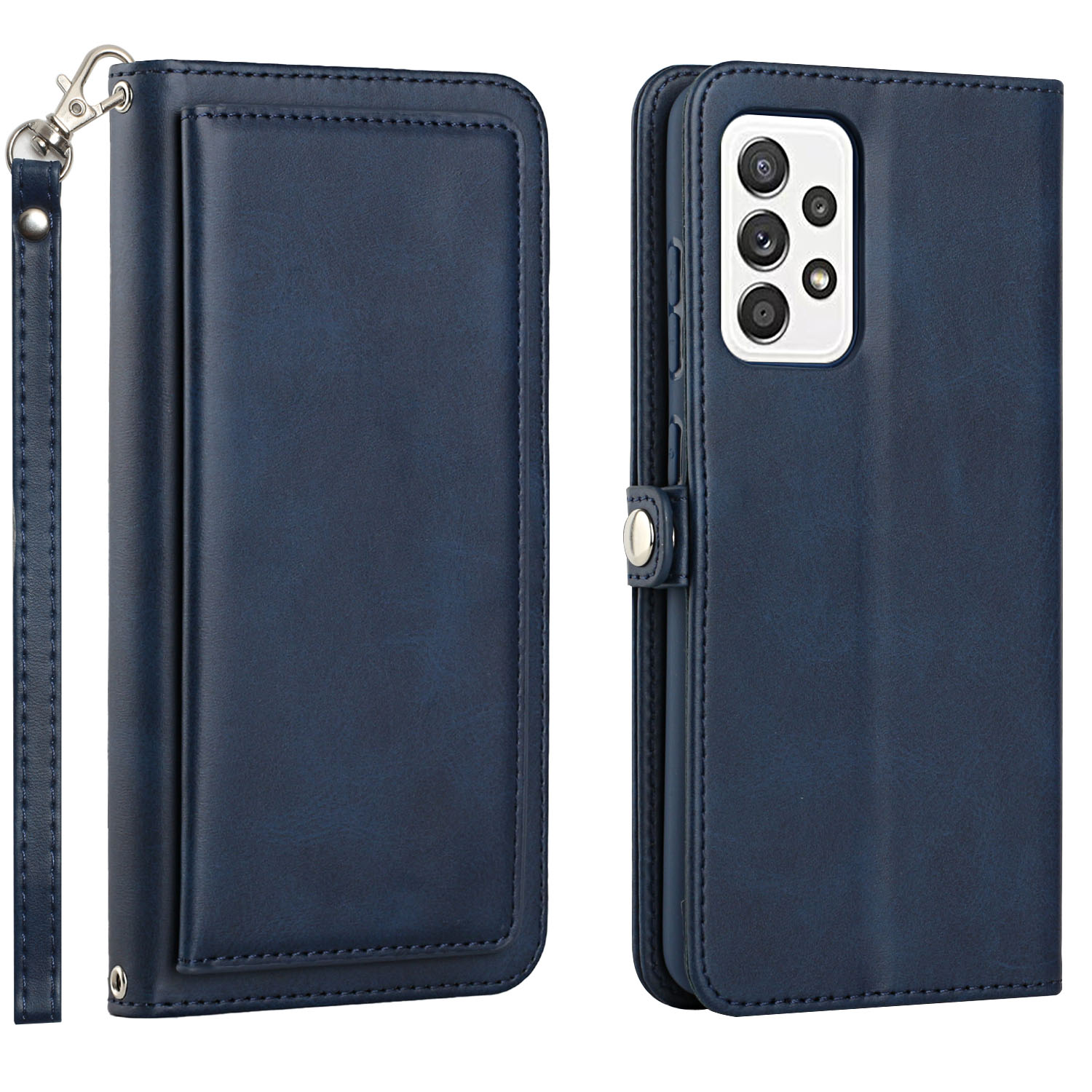 Premium PU Leather Folio WALLET Front Cover Case for Galaxy A52 5G (Blue)