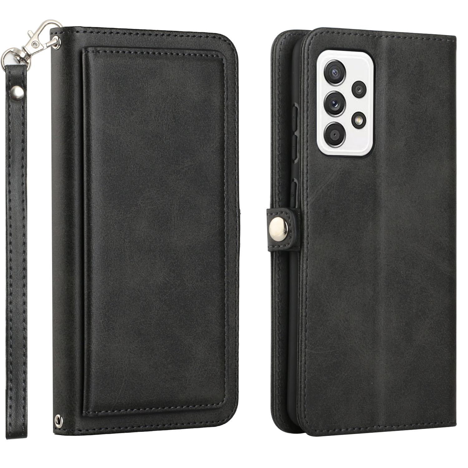 Premium PU Leather Folio WALLET Front Cover Case for Galaxy A52 5G (Black)