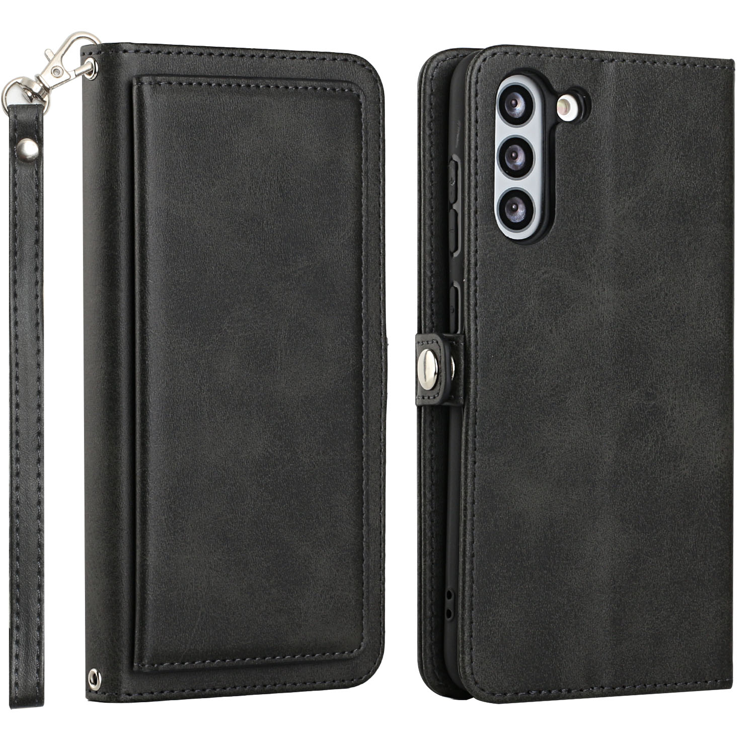 Premium PU Leather Folio WALLET Front Cover Case for Galaxy S21 FE (Black)