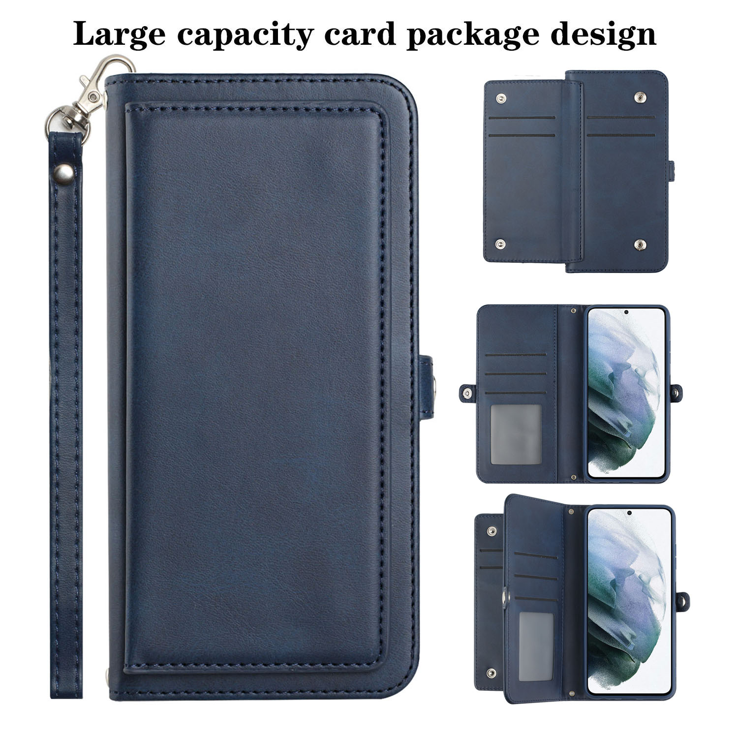 Premium PU Leather Folio Wallet Front Cover Case with Card Slots Galaxy S22+ Plus 5G (Navy Blue)
