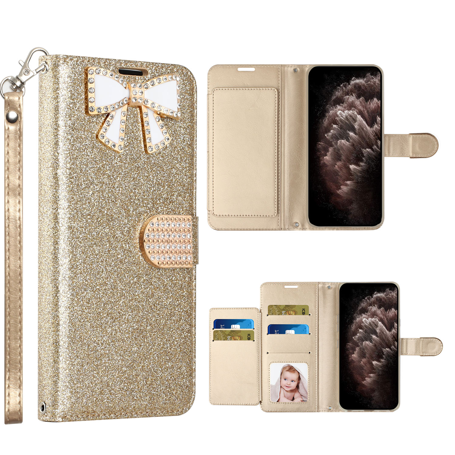 Ribbon Bow Crystal Diamond Flip BOOK Wallet Case for Apple iPhone 13 Pro [6.1] (Gold)