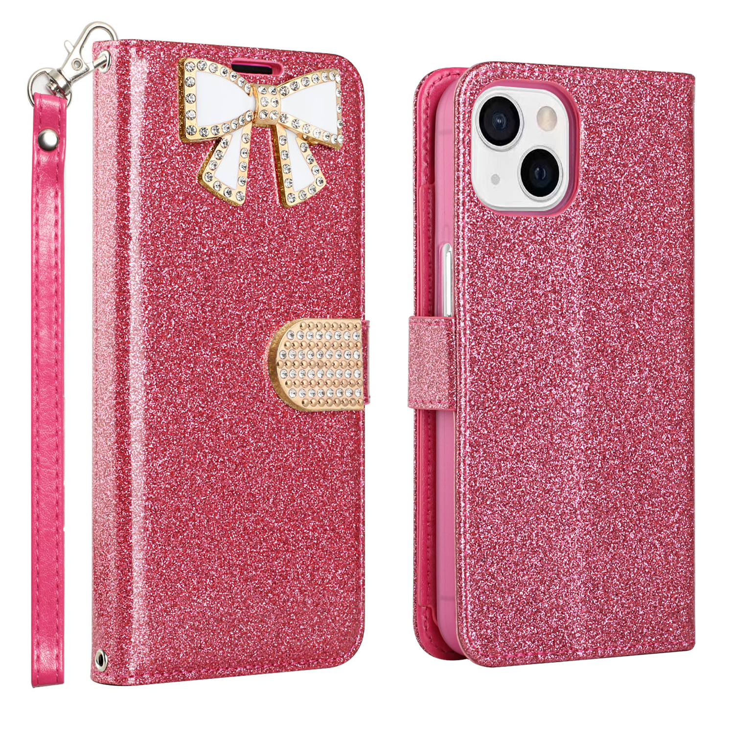 Ribbon Bow Crystal Diamond Flip BOOK Wallet Case for Apple iPhone 13 [6.1] (Hot Pink)