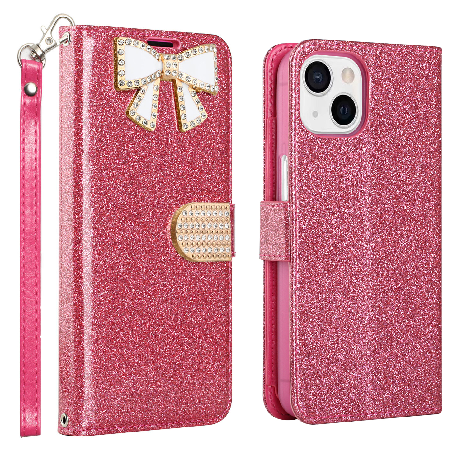 Ribbon Bow Crystal Diamond Flip Book Wallet Case for Apple iPHONE 13 [6.1] (Hot Pink)