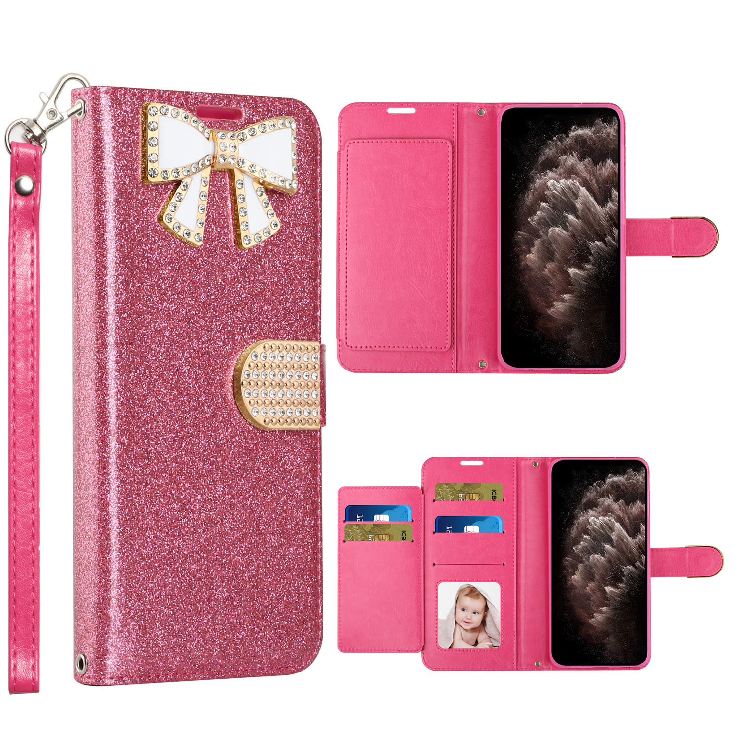 Ribbon Bow Crystal Diamond Flip Book Wallet Case for Apple iPHONE 13 Pro Max [6.7] (Hot Pink)