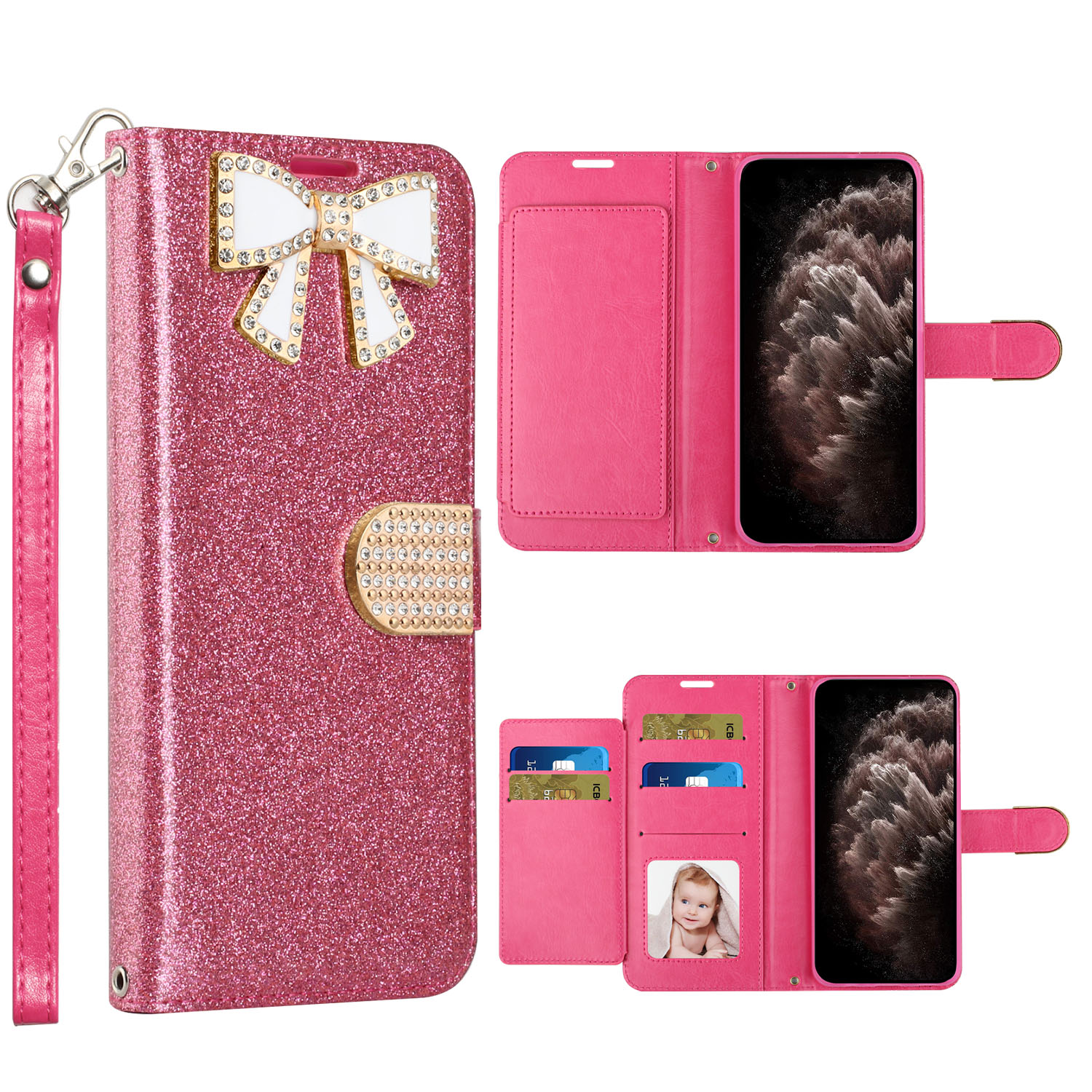 Ribbon Bow Crystal Diamond Flip Book WALLET Case for Apple iPhone 13 Pro [6.1] (Hot Pink)