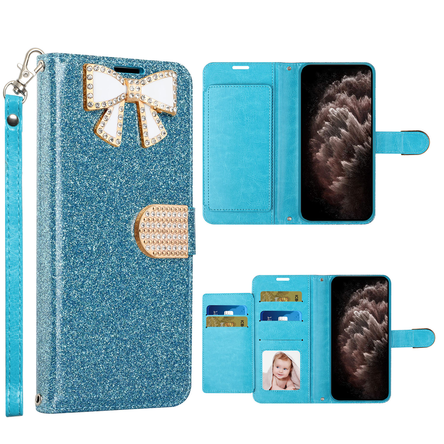 Ribbon Bow Crystal Diamond Flip BOOK Wallet Case for Apple iPhone 13 Pro [6.1] (Light Blue)